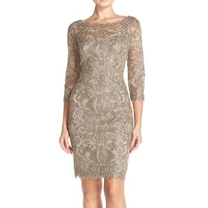 Tadashi Shoji corded embroidery lace sheath dress gray gold metallic women's 8